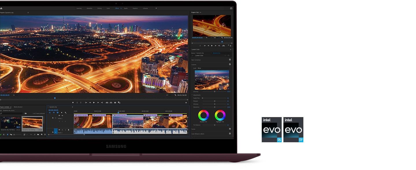 A Galaxy Book2 Pro 360 is facing the front with Adobe Premiere Pro 2022 open on screen. The software is editing a video with shots of a highway next to an urban city at night. To the right there are two certification logos for Intel® Evo™ powered by Core™ i5 and i7 processor each.