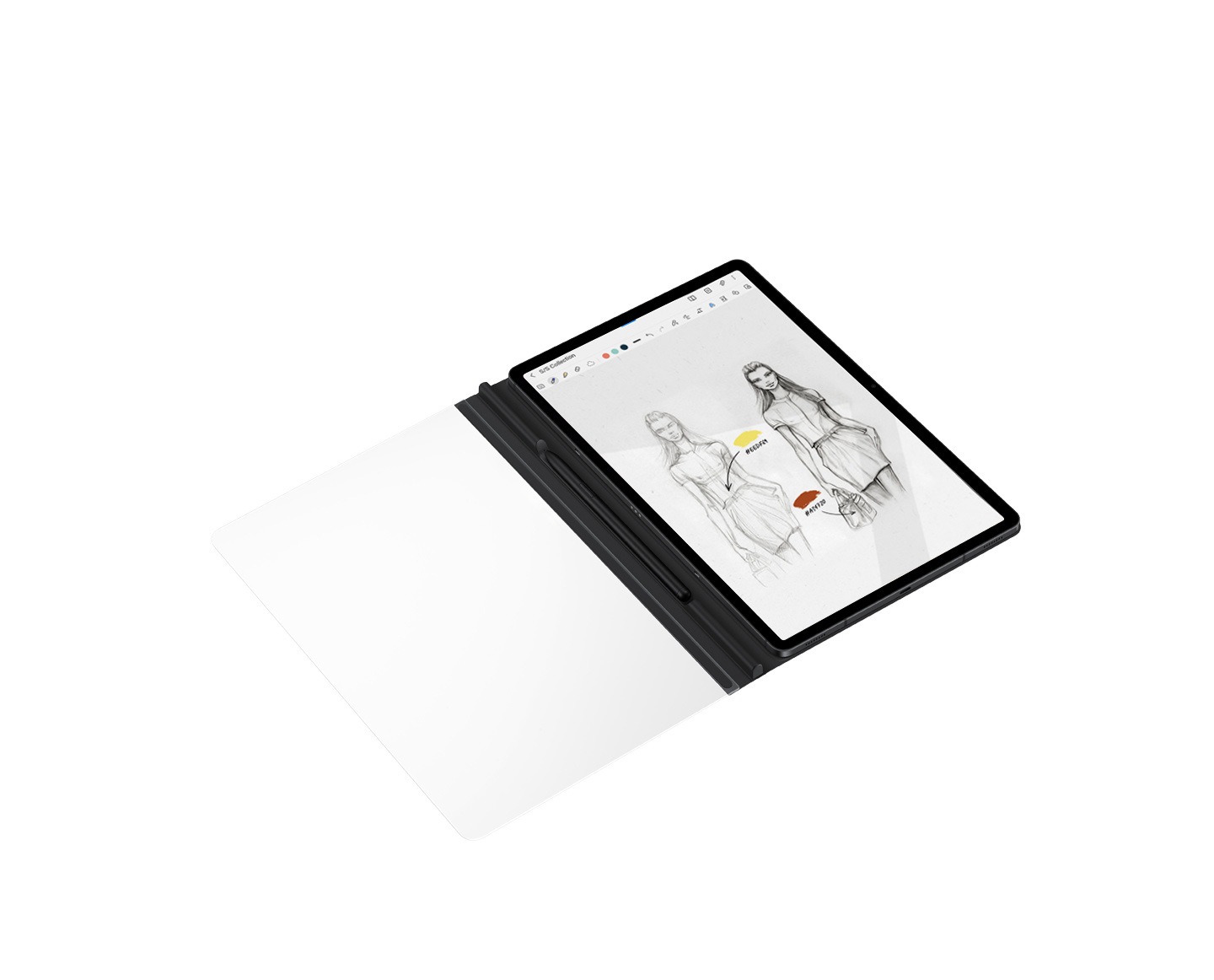 Un dispositivo Galaxy Tab S8+ in una custodia Tab S8+ Note View con una S Pen tenuta nel supporto incorporato mostrato. Sullo schermo c'è un'illustrazione di moda disegnata con la S Pen.