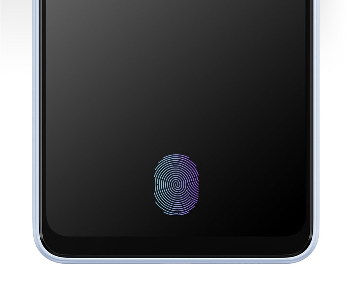 Un Galaxy A33 5G visto di fronte. Sullo schermo si vede solo il sensore di impronte digitali.