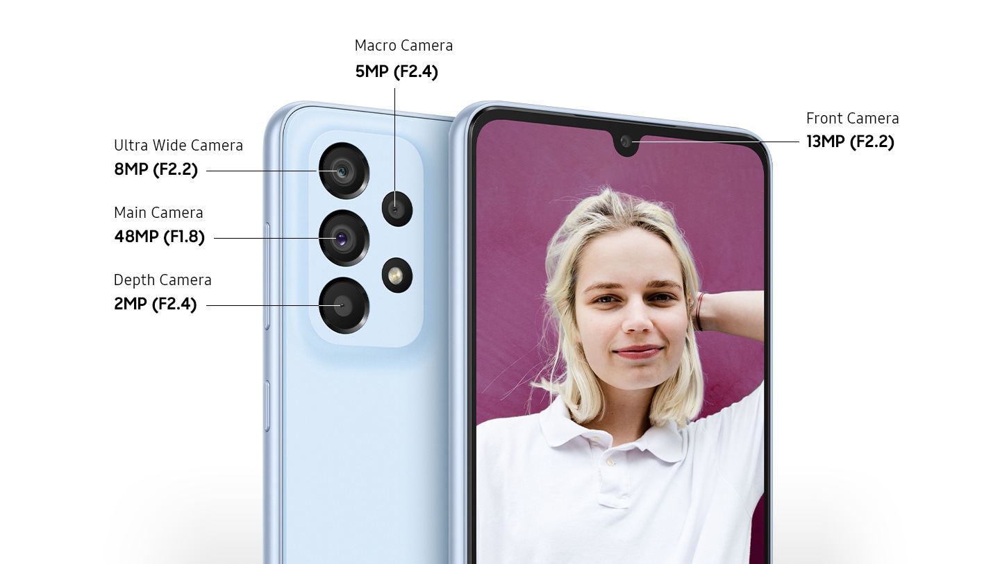 Due Galaxy A33 5G, entrambi color Awesome Blue, sul lato posteriore e anteriore. A sinistra, il lato posteriore mostra la fotocamera macro F2.4 da 5 MP, la fotocamera ultra-grandangolare F2.2 da 8 MP, la fotocamera principale F1.8 da 48 MP e la fotocamera di profondità F2.4 da 2 MP. A destra, il lato anteriore mostra la fotocamera anteriore F2.2 da 13 MP e l’immagine di una donna che ride sullo schermo. 