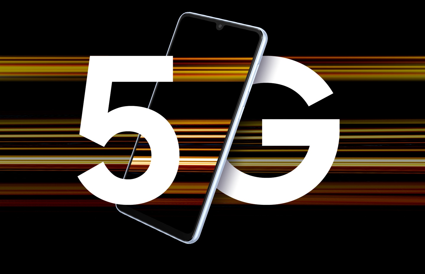 L’immagine mostra un Galaxy A33 5G con il testo 5G, le cui lettere sono divise dal dispositivo e circondato da fasci di luce colorata che rappresentano la velocità del 5G.