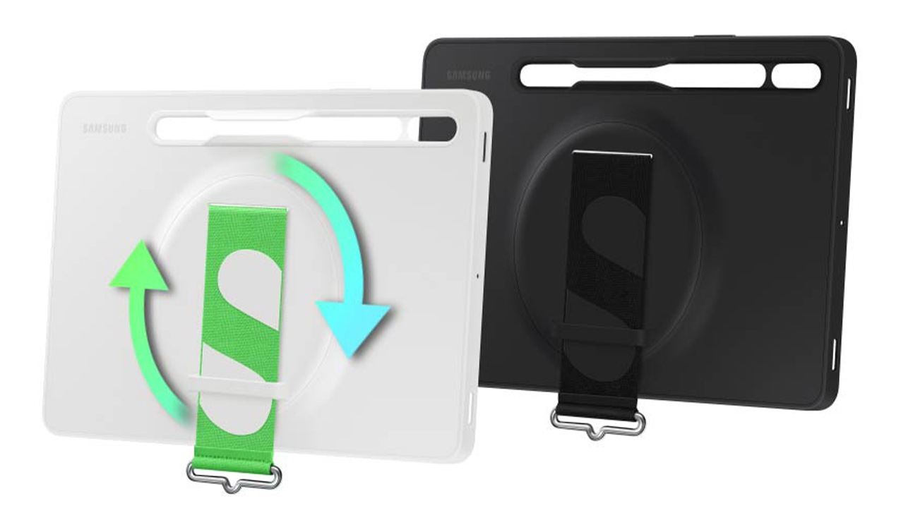 Un set di Tab S8 Strap Covers, uno in bianco e l'altro in nero, sono posizionati uno accanto all'altro sopra una superficie. Attorno al cinturino girevole vengono visualizzate due frecce a cerchio aperto che puntano in senso orario.
