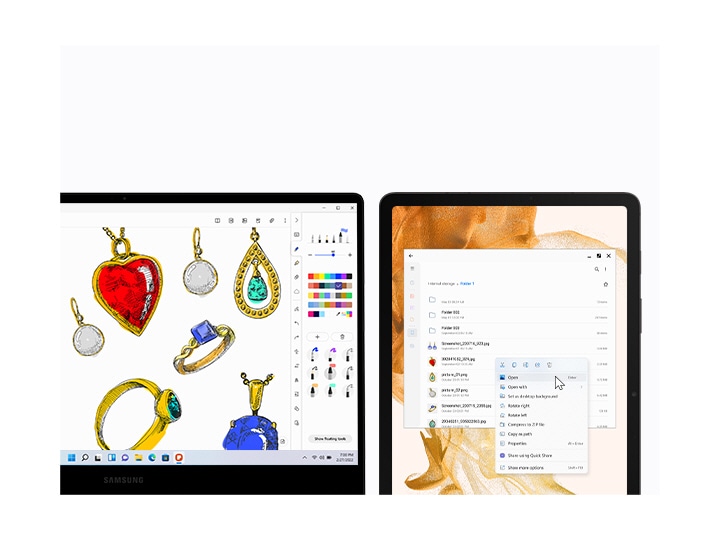 Galaxy Book2 360 and Galaxy Tab S8 are next to each other. There are sketches of various jewelries on the PC using Samsung Notes app. On the tablet to its right, a list of image files is in a folder. A mouse cursor is on the Open button.