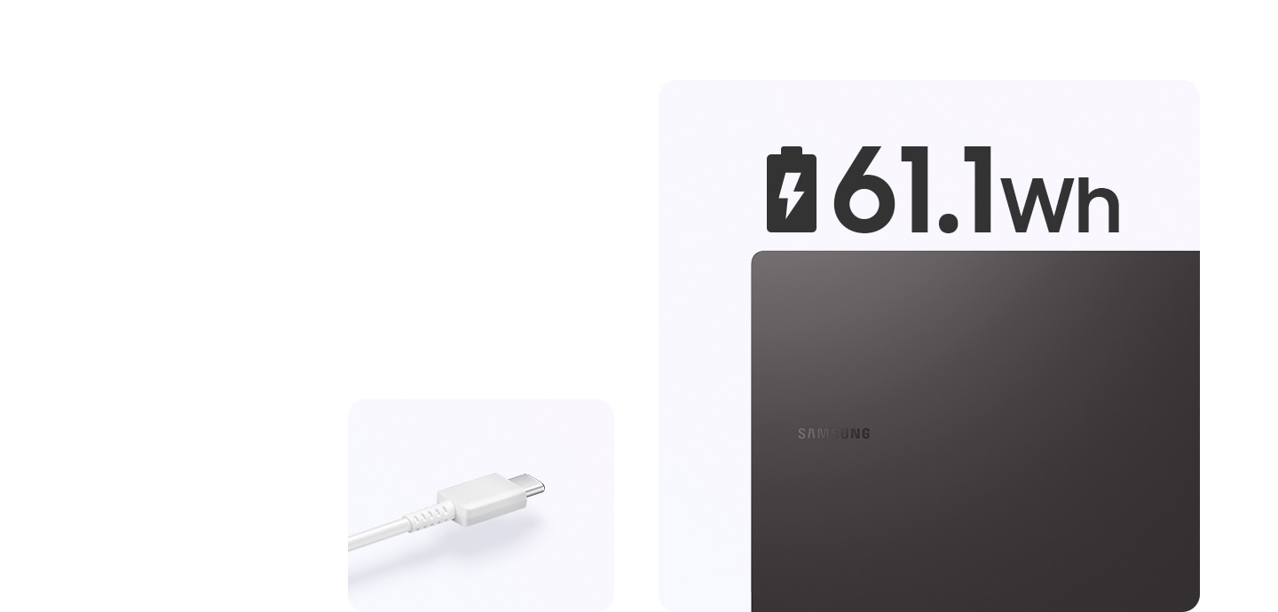 A white USB Type-C cable is on the left and the top cover of a graphite-colored Galaxy Book2 360 is on the right with the Samsung logo facing the front. Above the PC is a battery charging symbol next to the text 61.1 Wh.