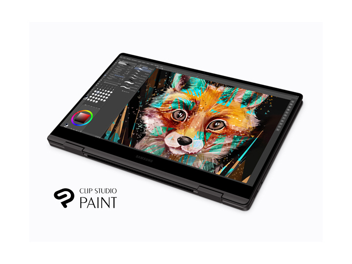 A Galaxy Book2 360 is folded like a tablet with the Clip Studio Paint open. There is a colorful drawing of a fox’s face. Underneath it is Clip Studio Paint logo.