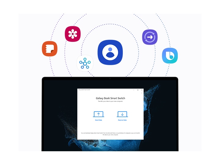 Galaxy Book Smart Switch is running on a Galaxy Book2 360. There are two icons of a PC on the screen, each with an upward and downward arrow with the texts, Send Data and Receive Data. Above the Smart Switch screen are several Galaxy app icons such as Contacts, Samsung Notes, Samsung Gallery, SmartThings, Quick Share, and Bixby that users can access all at once through Single Sign-On.