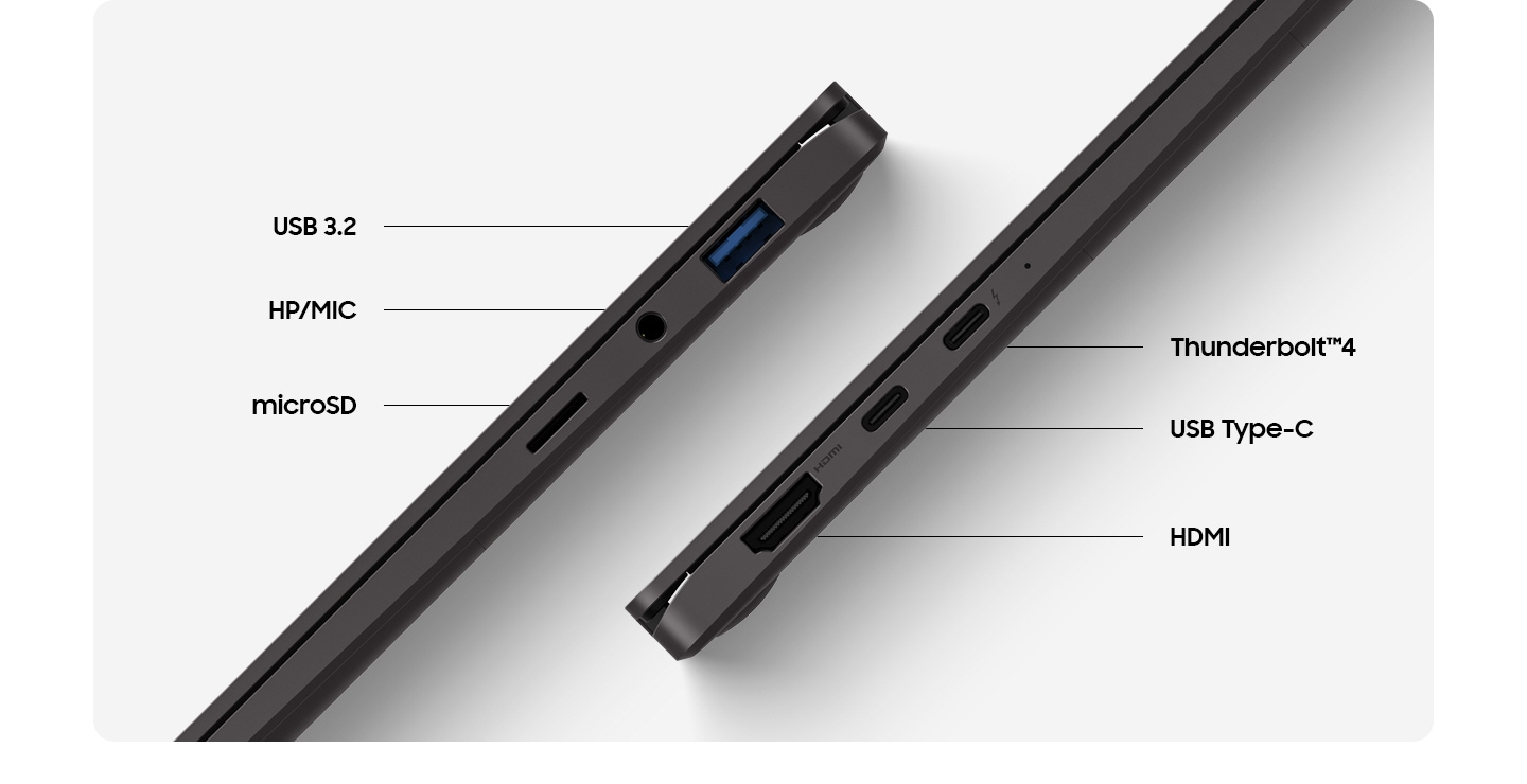 Two graphite-colored Galaxy Book2 360 devices are next to each other on their sides to show their various ports. The one on the left displays the right side of Galaxy Book2 360 which has 3 ports. From top to bottom, there are a USB 3.2 port, a HP/MIC jack, and a microSD. On the right, the other side also has 3 ports. From top to bottom, there are a Thunderbolt™4 port, a USP Type-C port, and a HDMI port.