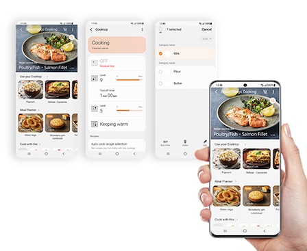 Le ricette personalizzate e i piani pasto, il controllo completo con la cottura guidata e la spesa conveniente sono disponibili nell'app SmartThings Cooking.