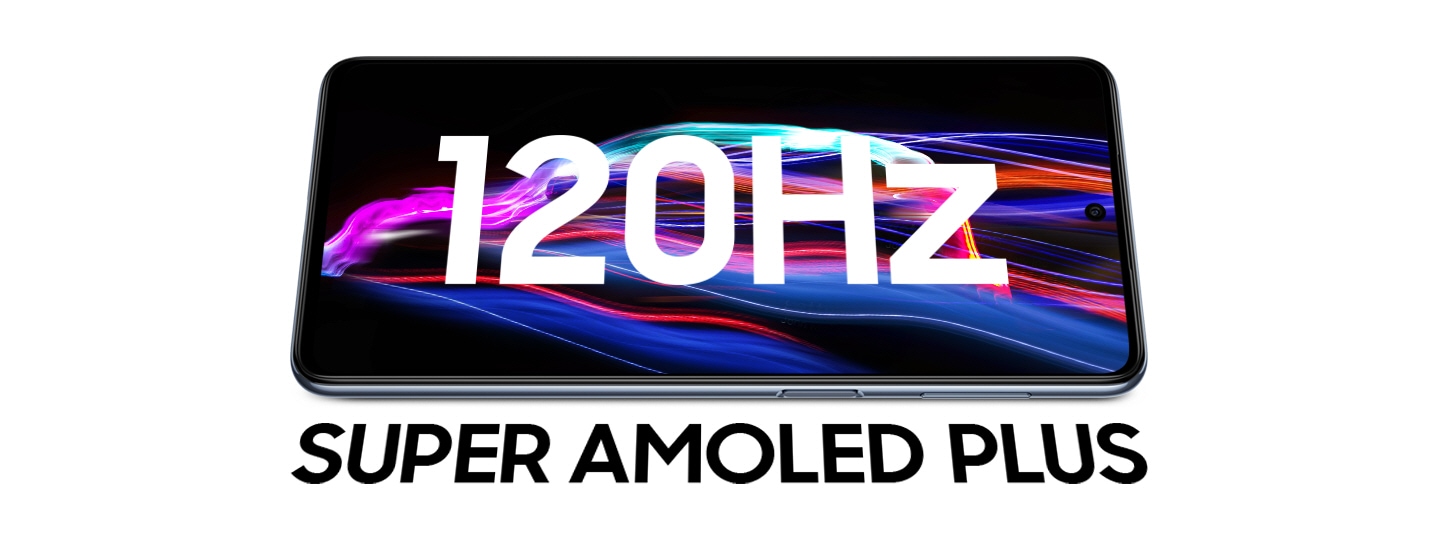 Galaxy M53 5G is laid horizontally. In text, 120Hz is shown on the screen and SUPER AMOLED PLUS shown below.