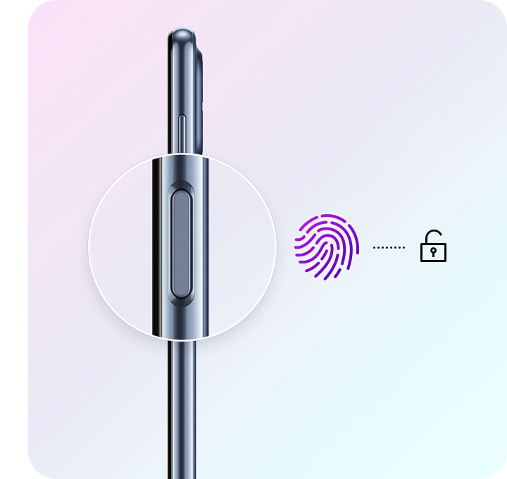 A side profile of the Galaxy M53 5G is shown, with the fingerprint sensor enlarged and magnified. Right by the sensor, a fingerprint icon and an unlock icon are shown with a short dotted line between them.