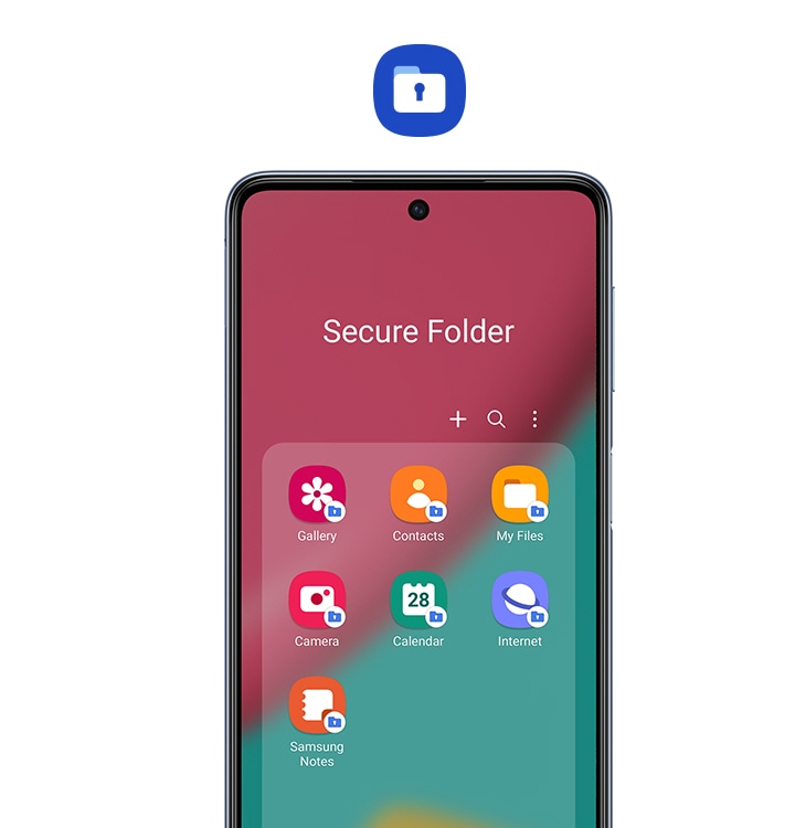 Galaxy M53 5G seen from the front, displaying the apps inside Secure Folder, including Gallery, Contacts, My Files and more. Each app icon has a small Secure Folder icon attached at the bottom right. Above the smartphone is a larger Secure Folder icon.