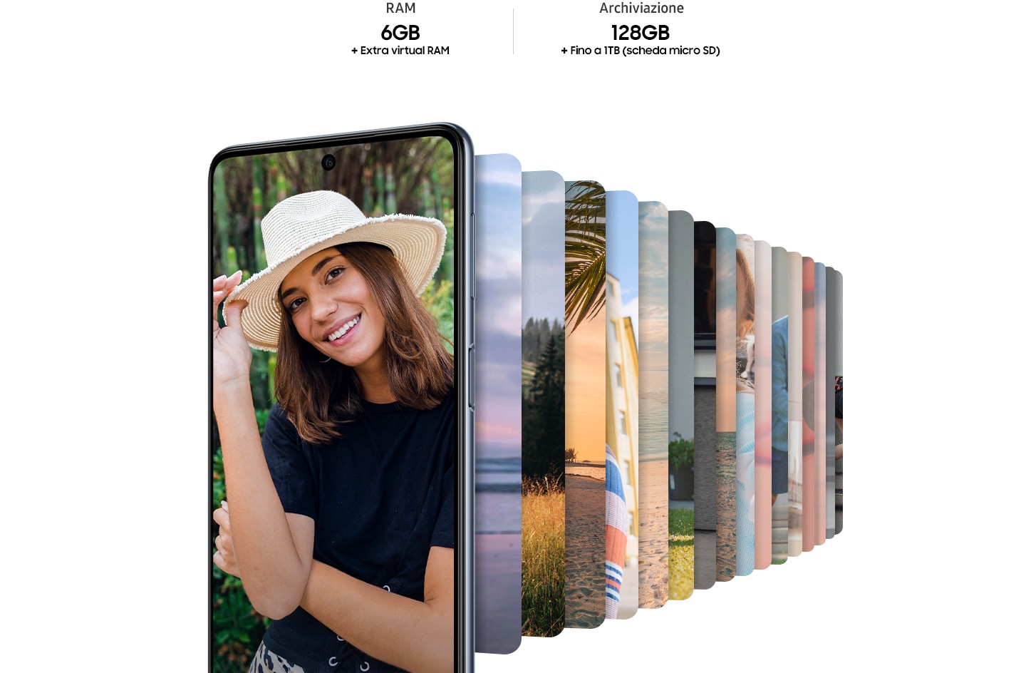 A Galaxy M53 5G faces forward, angled slightly to the left with a woman holding her hat onscreen. Behind it cascading backwards is a row of different pictures to indicate the large storage for keeping your memories on this smartphone.