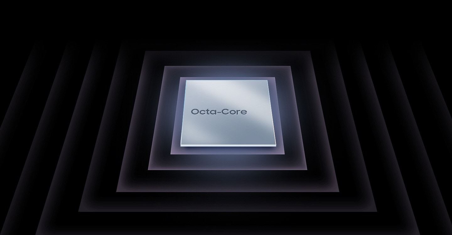 A metallic, square processor chip is shown with text on the surface that reads Octa-Core.
