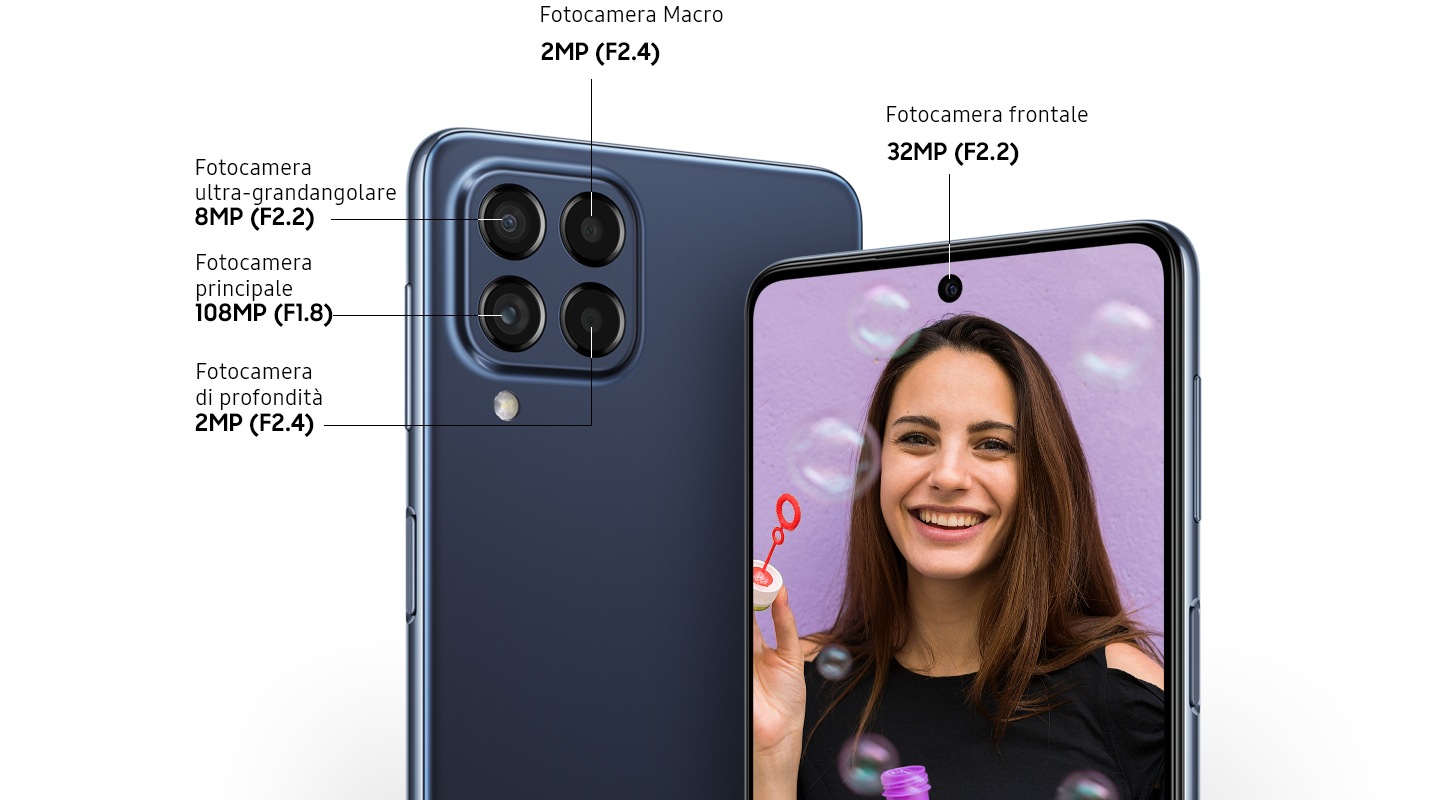 Two Galaxy M53 5G models, both in Blue, show the rear side and front side of the device. On the left, the rear side of the device shows the 2MP F2.4 Macro Camera, 8MP F2.2 Ultra Wide Camera, 108MP F1.8 Main Camera and the 2MP F2.4 Depth Camera. On the right, the front side of the device shows the 32MP F2.2 Front Camera and a picture displayed on the screen of a woman smiling with bubbles.