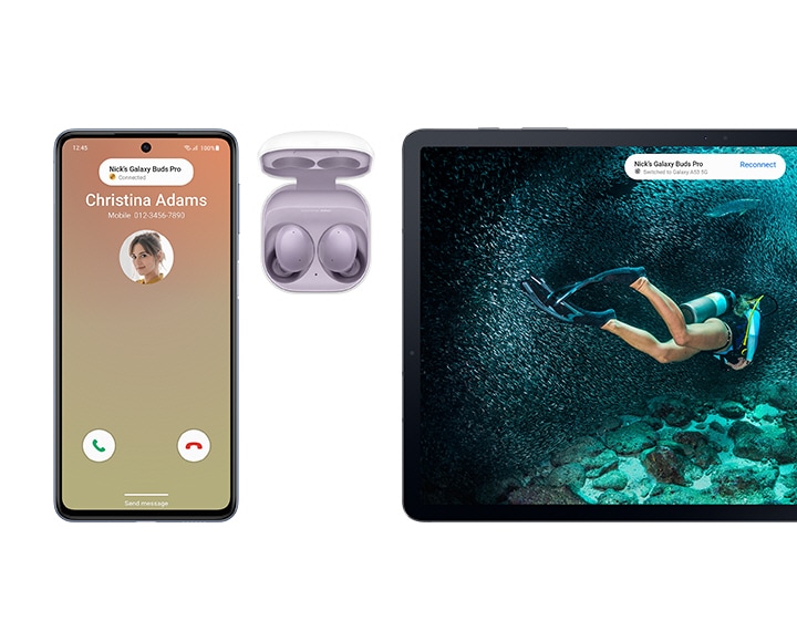 Three products are lined up from left to right: Galaxy M53 5G, Buds2 with the case lid opened and a Galaxy tablet. An incoming call from Christina Adams is shown on the smartphone screen while the tablet shows scuba diving-related content being played. On the top of both screens of the smartphone and the tablet, a bubble has popped up to notify of the call and that the user could take the call with the Buds2.