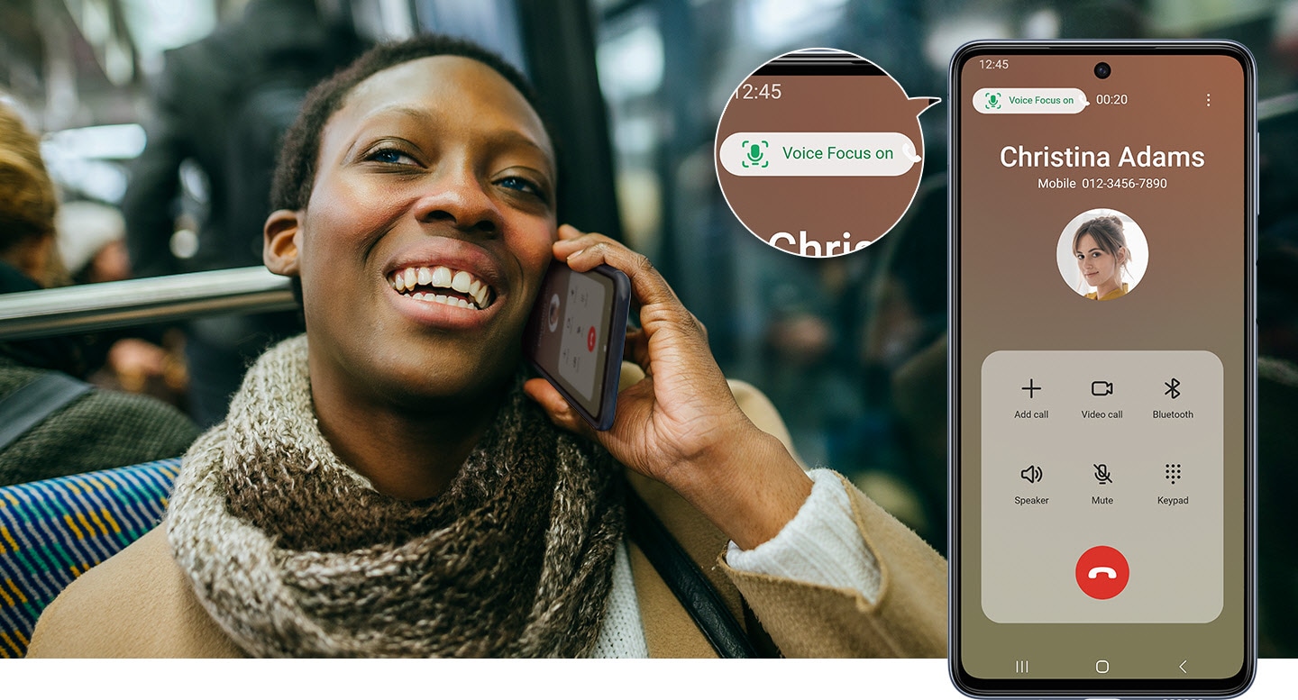 1. A woman on a bus, smiling, is taking a call with her M53 5G device. On the right is a Galaxy M53 5G device shows that the call is with Christina Adams. A zoom-in bubble placed at the top left of the screen reads Voice Focus on in green text to show that the feature is activated.