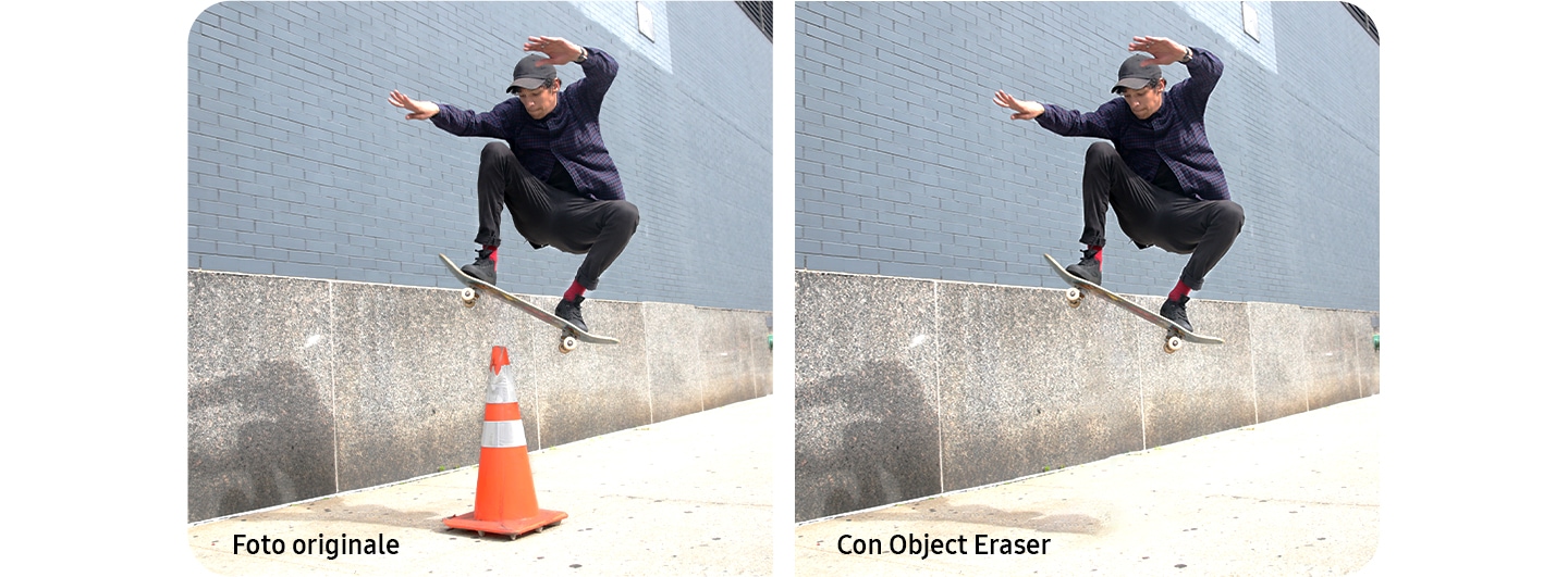 On the left, a man is on a skateboard doing a trick above a traffic cone, with the words original photo. On the right is the same man skating in the same pose but the traffic cone has been erased. The text object eraser apply is at the bottom left to indicate that the rubber cone was erased by Object eraser.