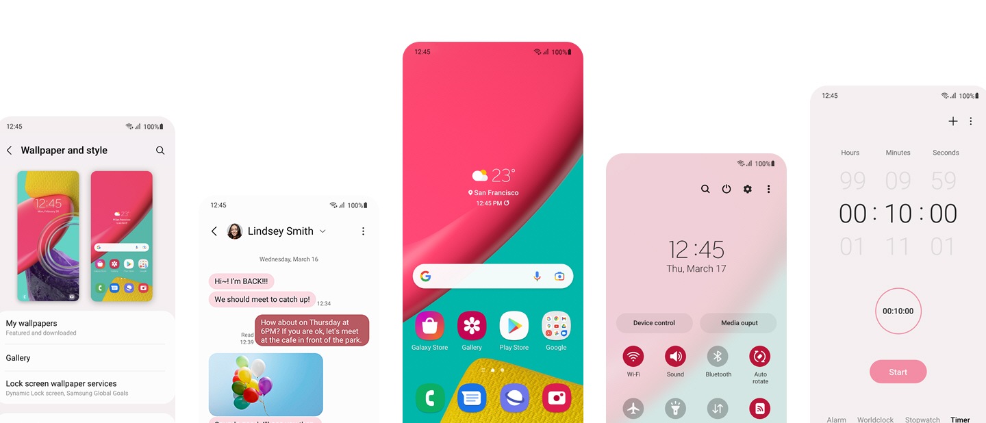 Five different Galaxy M53 5G screens showing a customized set of colors and look using One UI 4. From left to right, the screens show: the Wallpaper and style menu on settings, a text message conversation with custom light pink and pink colored text bubbles, a customized Home Screen, a customized Quick Settings menu, and a customized Timer screen.