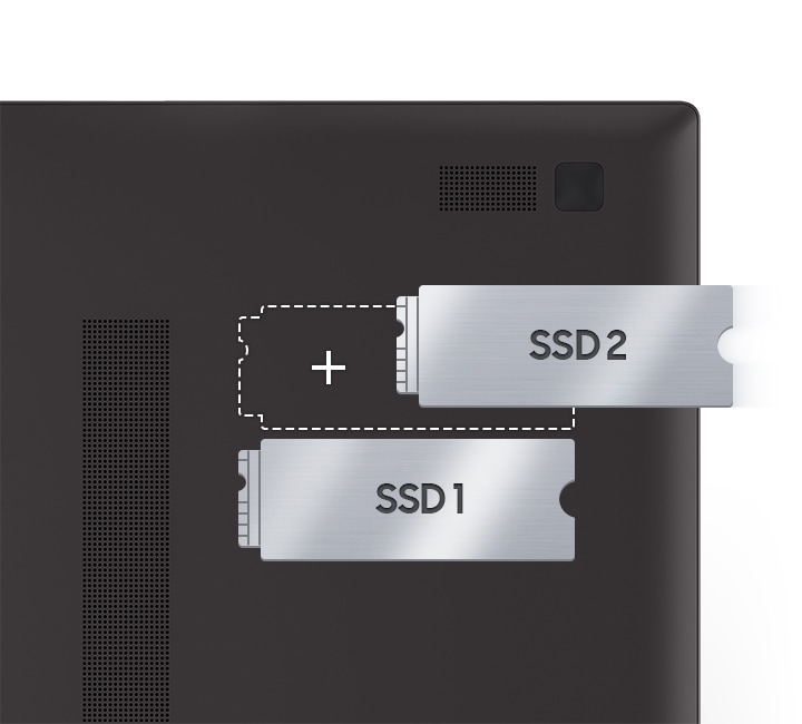 Внутри аппаратного обеспечения Galaxy Book2 есть два слота для SSD. SSD 1 находится в нижнем слоте, а верхний слот отмечен пунктиром со знаком плюс. SSD 2 находится справа, что указывает на то, что он добавляется в верхний слот.