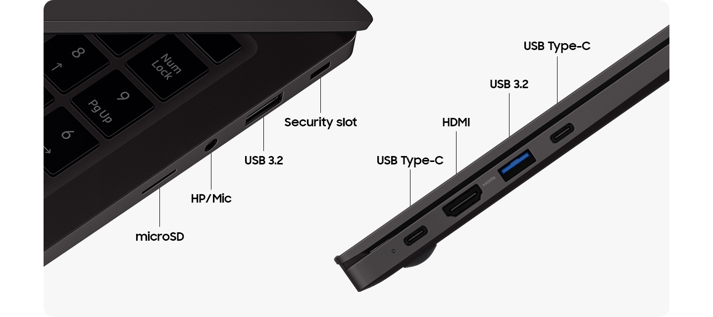 Two graphite-colored Galaxy Book2 devices are next to each other on their sides to indicate their various ports. The one on the left is slightly open and displays the right side of Galaxy Book2 which has 4 ports. From top to bottom, there is a security slot, a USB 3.2, HP/Mic, and a microSD. On the right, the other side also has 4 ports. From top to bottom, there is a USB Type-C port, a USB 3.2 port, a HDMI port, and another USB Type-C port.