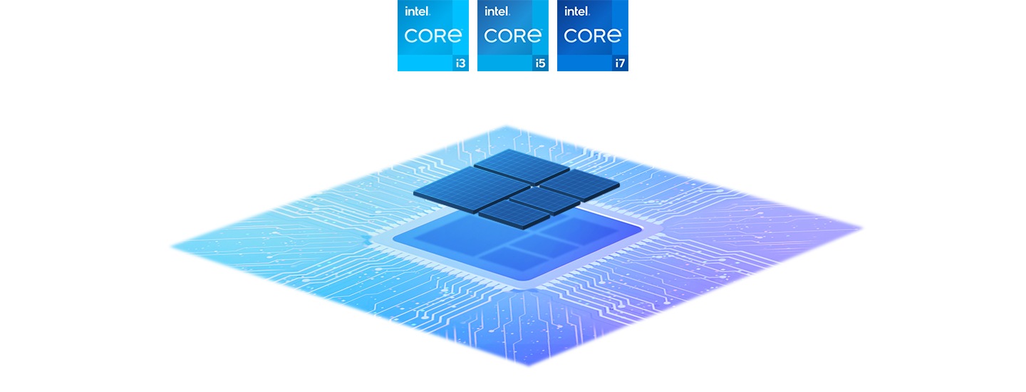 Чипсет процессора синего цвета парит над синим квадратом со светящимися линиями, обозначающими схемы, окружающие набор микросхем. Над набором микросхем расположены три логотипа сертификации: Слева направо: процессоры Intel® Core™ i3, i5 и i7.