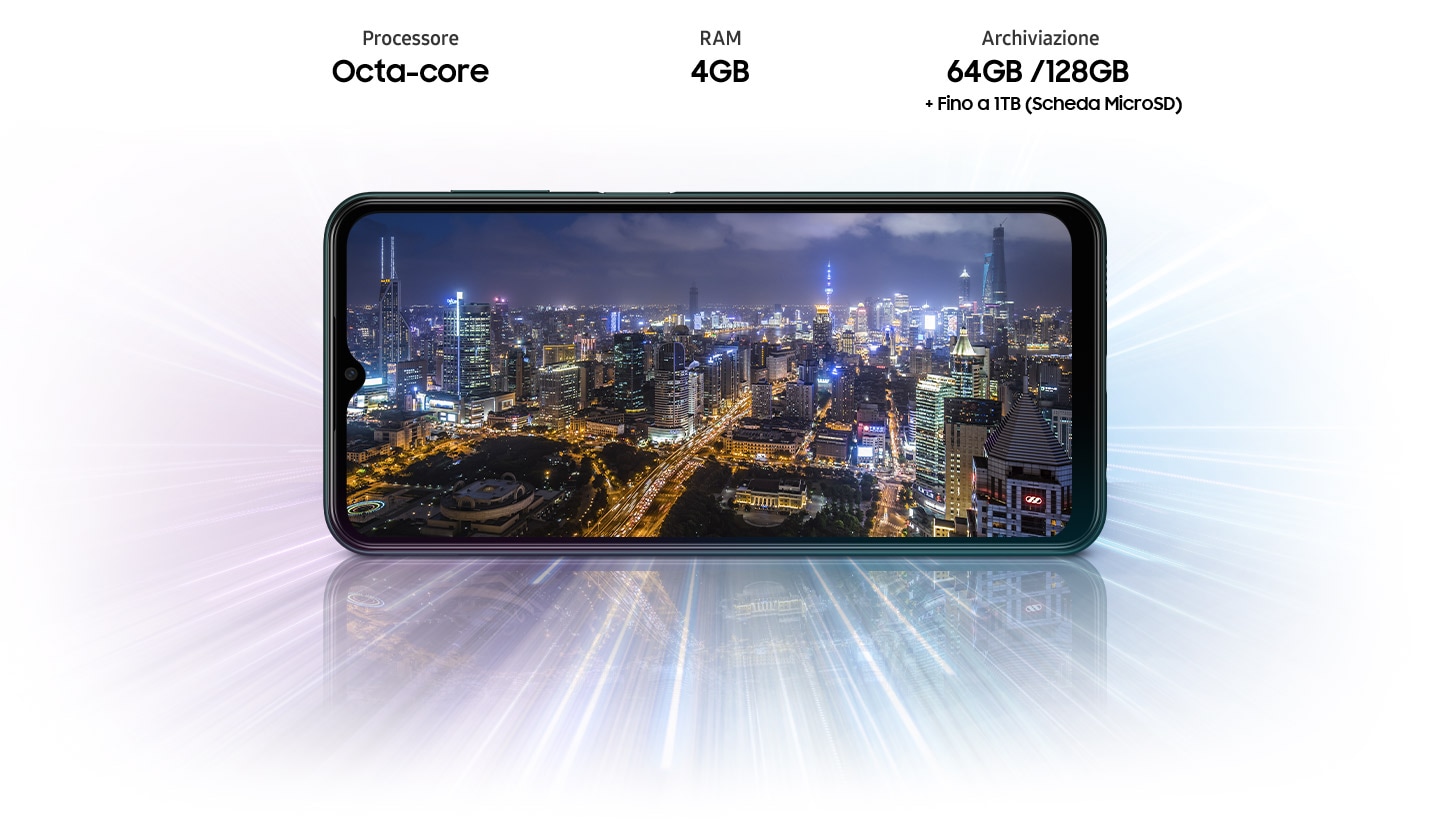 Galaxy M13 mostra la visione notturna di una città, ad indicare che il dispositivo è dotato di processore Octa-core, 4GB di RAM, 64/128GB di memoria interna con possibilità di aggiungere spazio fino a 1TB.