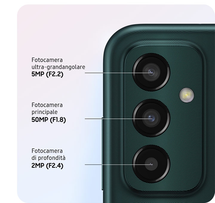Primissimo piano delle tre fotocamere posteriori avanzate di un modello Deep green: fotocamera ultra-grandangolare F2,2 da 5 megapixel, fotocamera principale F1,8 da 50 megapixel e fotocamera di profondità F2,4 da 2 megapixel.