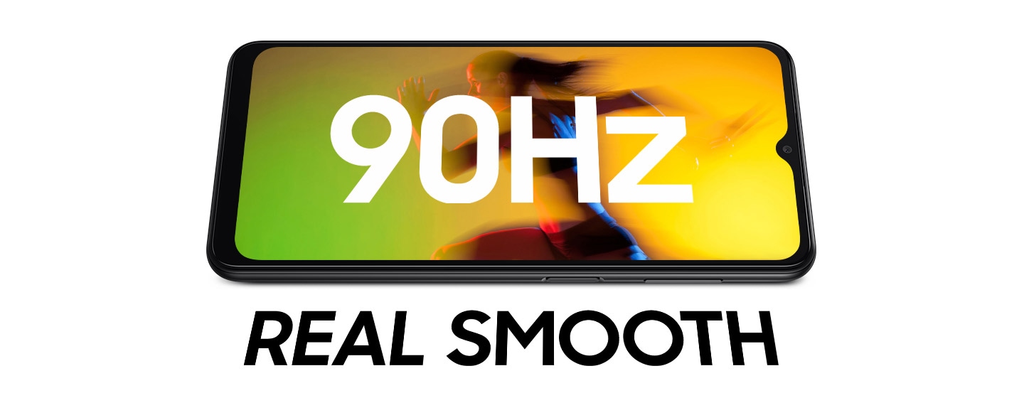 Galaxy A13 5G is laid horizontally with a colorful image of green and yellow hues shown on the screen. In text, 90HZ is shown on the screen and REAL SMOOTH shown below.