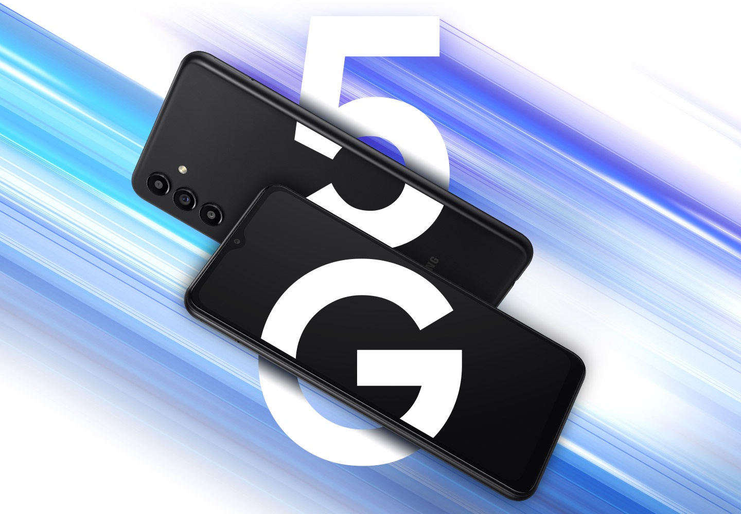 Two black Galaxy A13 5G devices show both the front and backside of the device. The devices are dividing the text 5G, which is spelled vertically.