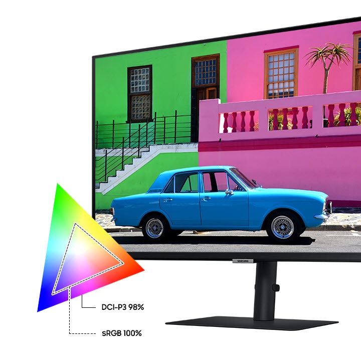 Viene posizionato un monitor S80PB, che mostra la tavolozza dei colori lateralmente, e visualizza il supporto colore DCI-P3 98%" e sRGB 100%".