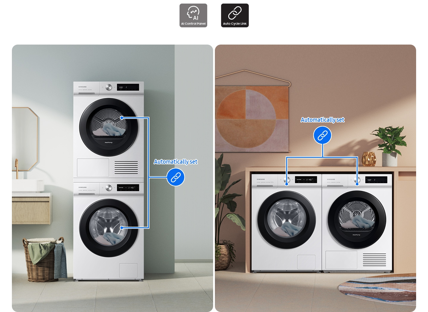 Due set di lavatrici e asciugatrici sono posizionati in modo diverso in due spazi abitativi separati. I cicli di asciugatura vengono impostati automaticamente.