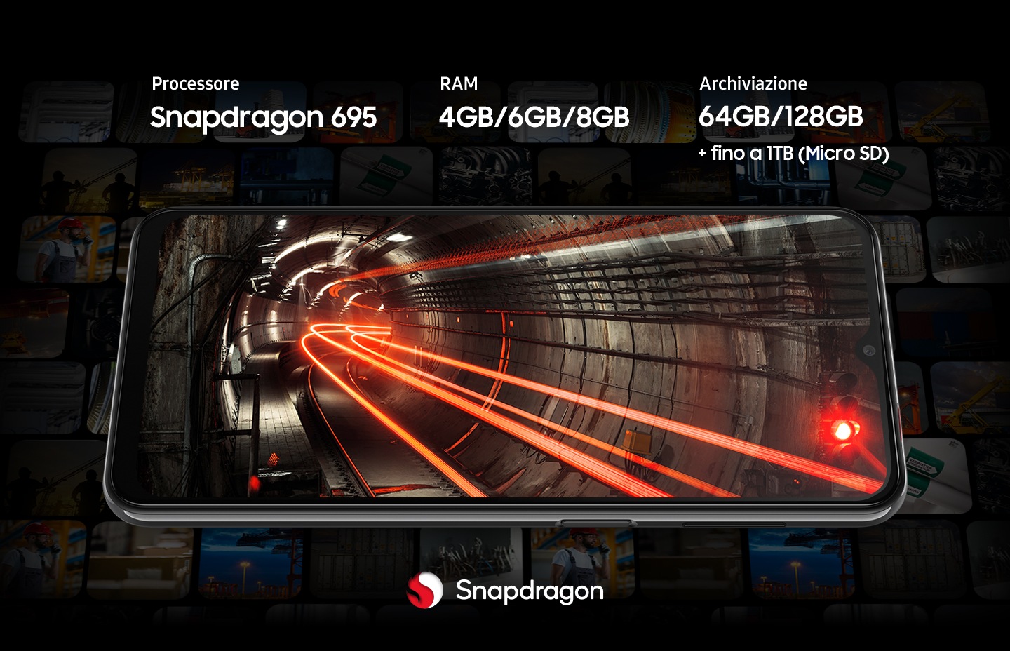 Lo sfondo di un Galaxy A23 5G mostra un tunnel sotterraneo percorso da scie di luce rosse. Il telefono è circondato da miniature scurite di vari contenuti. Il dispositivo offre il processore Snapdragon 695.