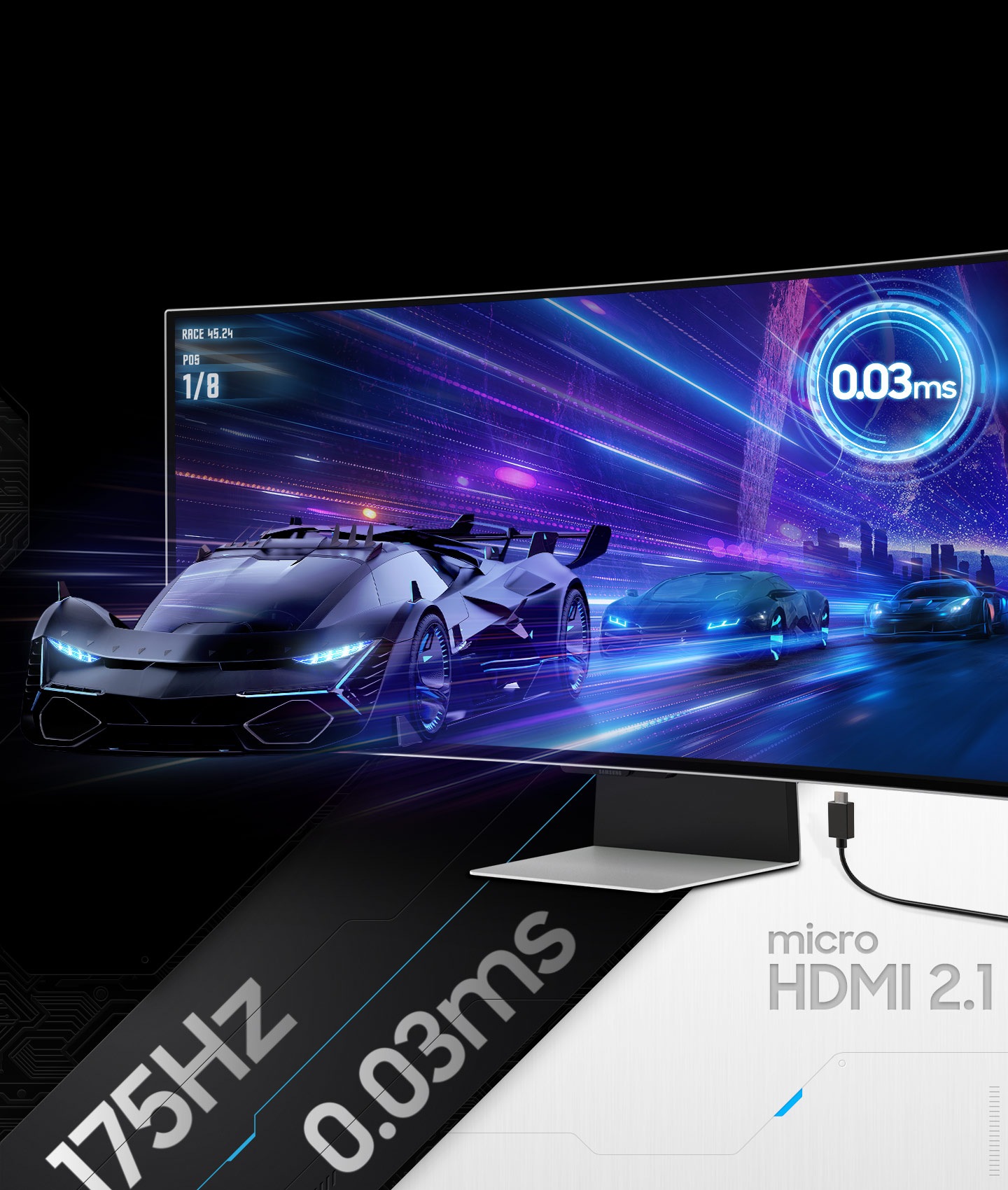 An Odyssey monitor shows a car racing scene on its screen. Three cars speed away from a city skyline. The front of the lead car is coming off the monitor's screen. In the top right corner of the screen, it reads ""0.03ms.""