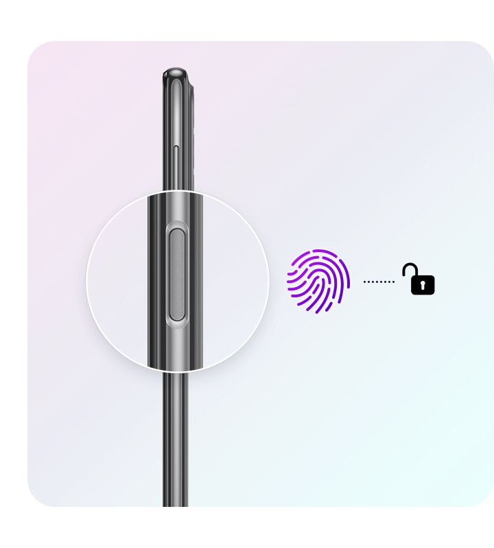 L’immagine mostra il profilo del Galaxy A23 5G con il lettore di impronte digitali ingrandito. Accanto al sensore sono indicate l’icona dell’impronta digitale e quella del lucchetto aperto con una breve linea tratteggiata che li collega.