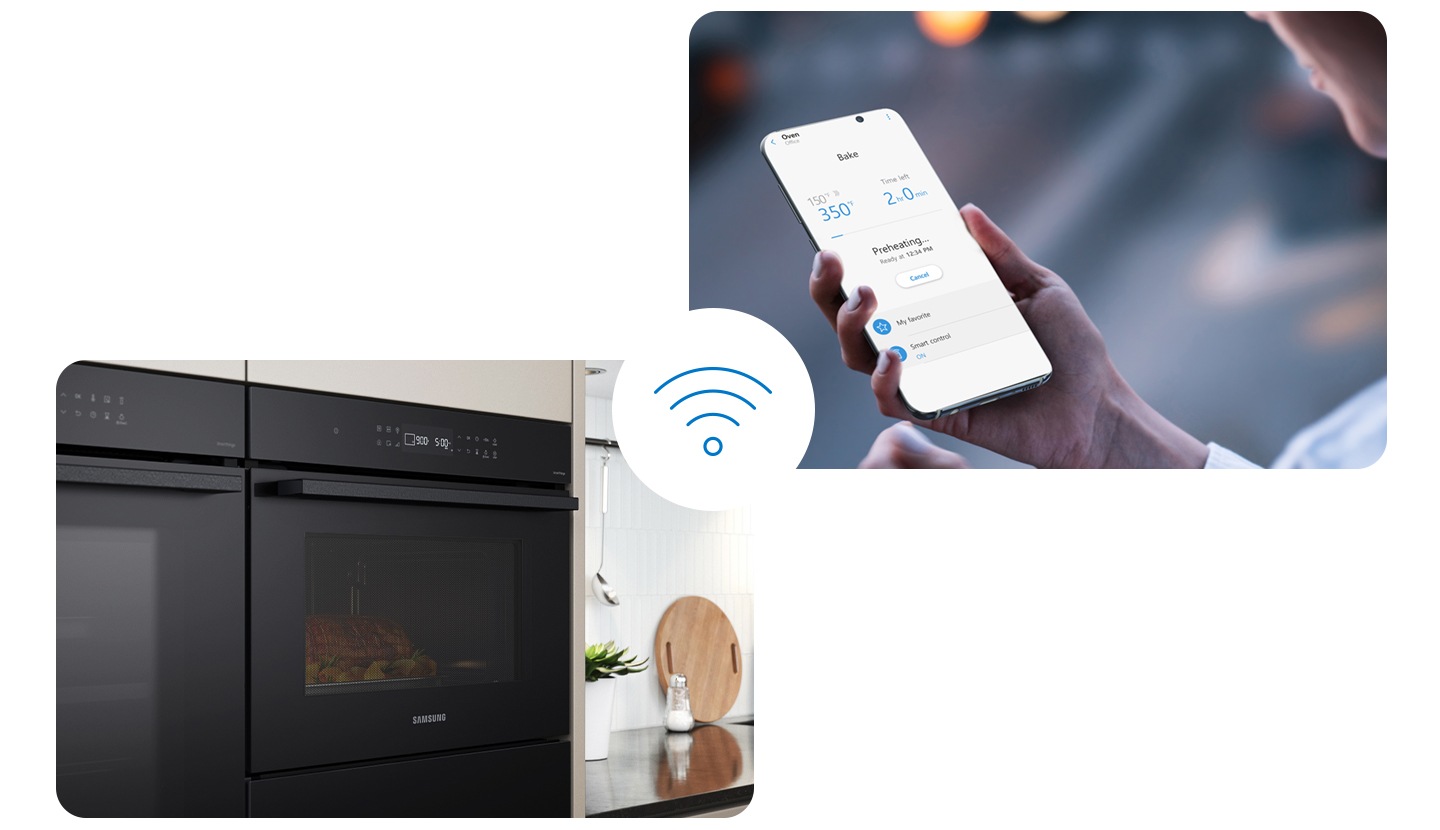 Mostra una persona che utilizza l'app per smartphone SmartThings per controllare e controllare le impostazioni del forno, inclusa la temperatura del forno e il tempo di cottura rimanente, con la sua connettività Wi-Fi.