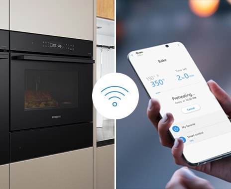 Mostra una persona che utilizza l'app per smartphone SmartThings per controllare e controllare le impostazioni del forno, inclusa la temperatura del forno e il tempo di cottura rimanente, con la sua connettività Wi-Fi.