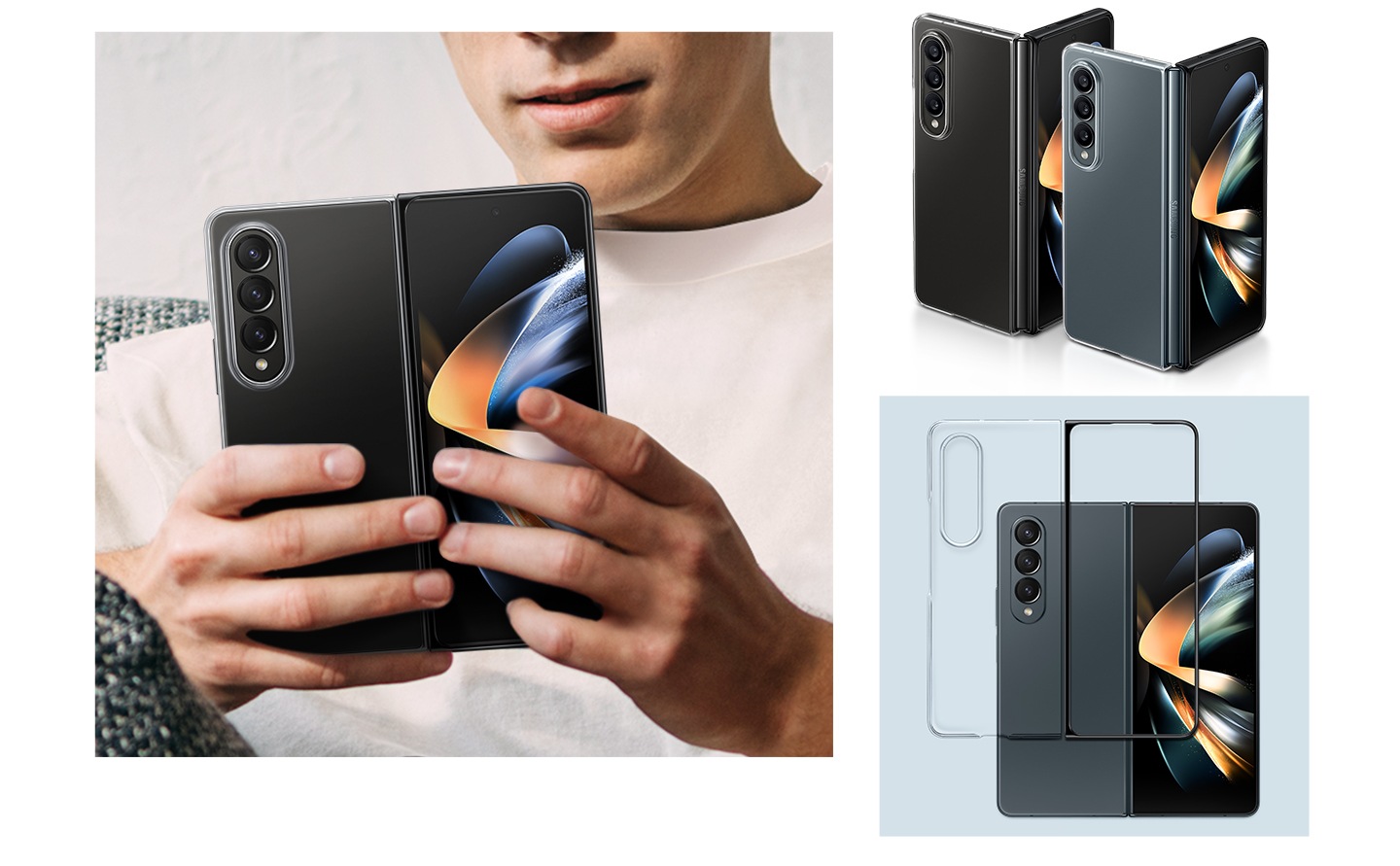 Una persona tiene in mano un dispositivo Galaxy Z Fold4 aperto in nero fantasma, coperto con la Clear Edge Cover. Due dispositivi Galaxy Z Fold4 in nero fantasma e grigio verde sono racchiusi con la Clear Edge Cover e sono piegati a metà uno accanto all'altro con lo schermo anteriore e il retro visibili. Un dispositivo Galaxy Z Fold4 aperto in grigio verde e una Clear Edge Cover sono mostrati uno accanto all'altro, evidenziando il design trasparente della cover.