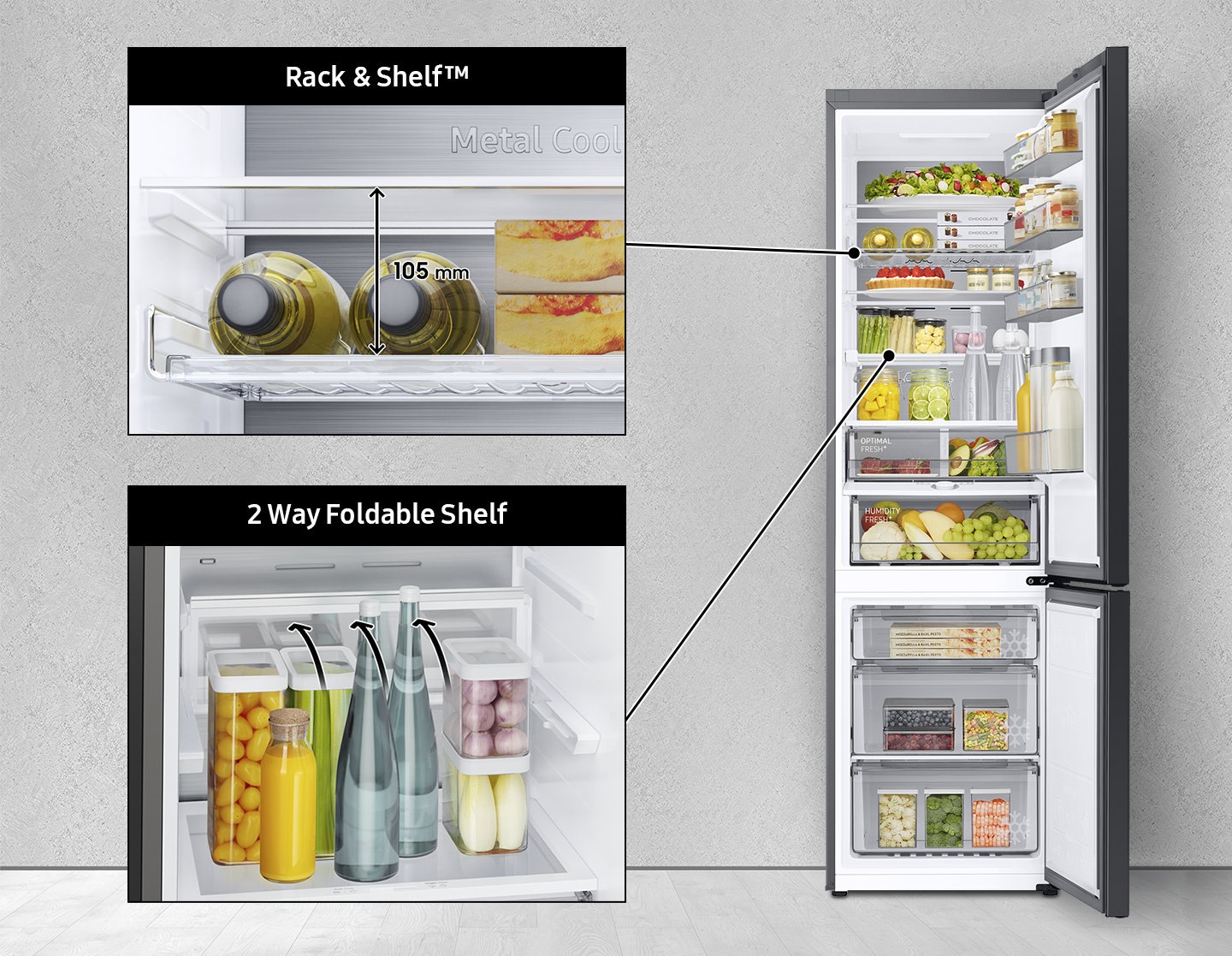 Il vino viene inserito nel Rack & Shelf™ alto 105 mm. Le bottiglie lunghe vengono posizionate sul ripiano pieghevole a 2 vie con una freccia disegnata all'interno dell'RB7300. L'RB7300 è aperto e il Rack & Shelf™ e il ripiano pieghevole a 2 vie sono indicati da frecce.