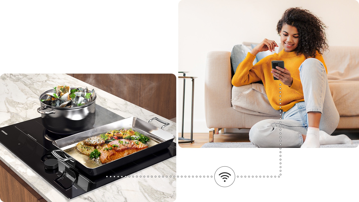 Due pentole con cibo delizioso stanno bollendo sul piano cottura e una donna sta monitorando lo stato del piano cottura da remoto vicino al divano tramite l'app SmartThings sul suo smartphone.