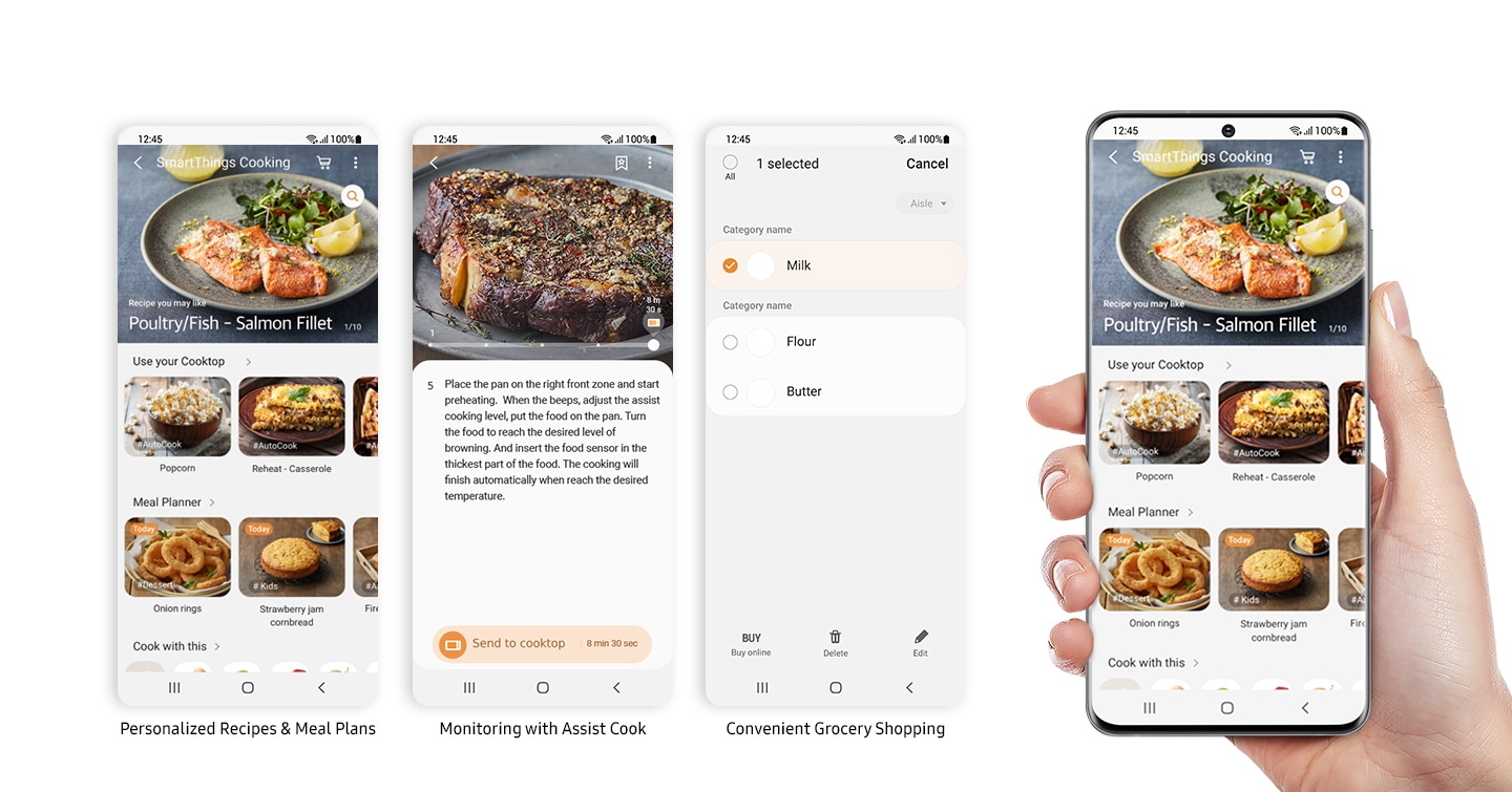  Vengono inseriti gli screenshot dell'app SmartThings Cooking. L'utente può ricevere assistenza su ricette e piani pasto personalizzati, monitoraggio con Assist Cook e conveniente spesa.