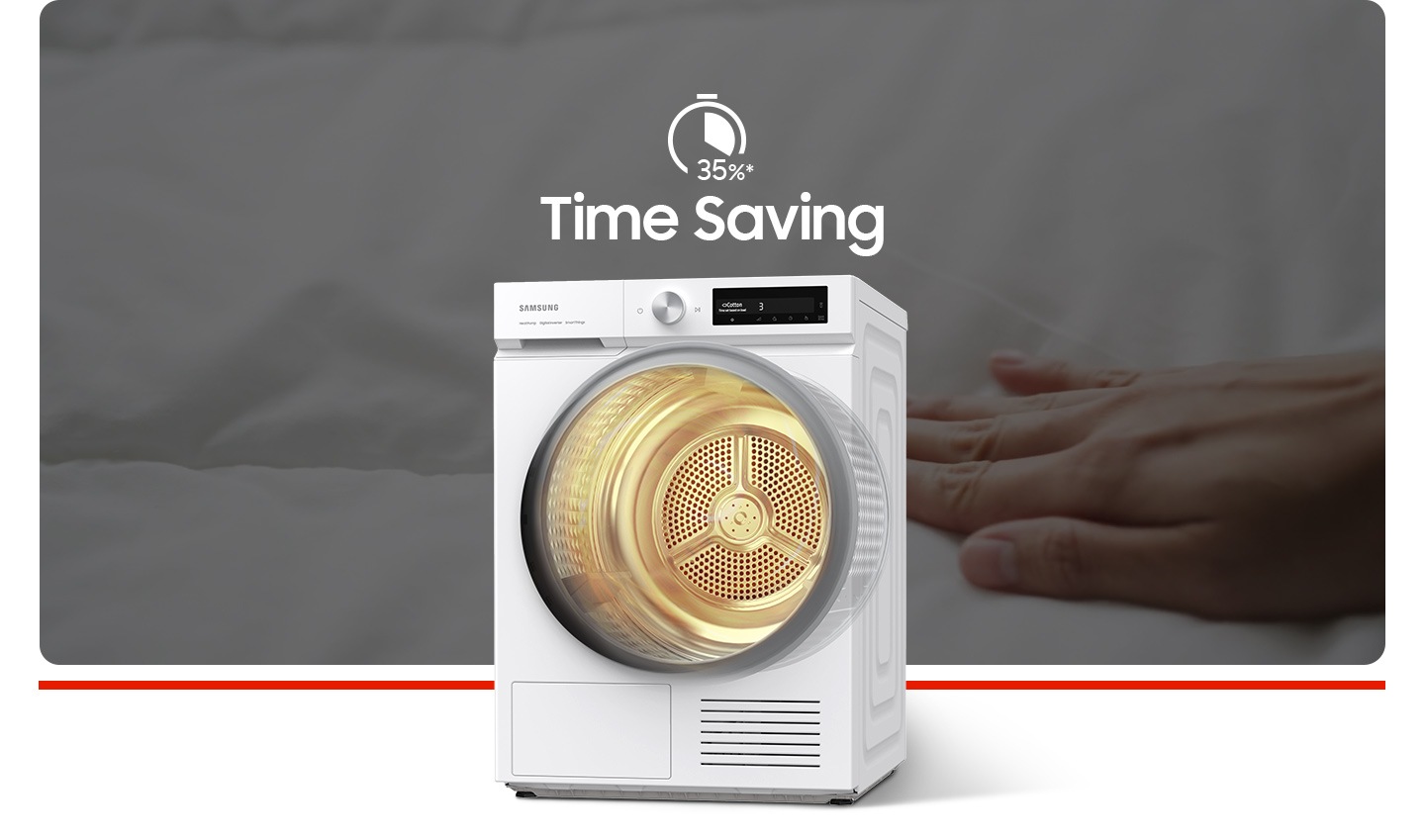 La tecnologia del compressore inverter regola automaticamente la velocità in base alla temperatura interna e agli scopi di cura. Il ciclo cotone con QuickDrive™ riduce la quantità di umidità più velocemente che senza QuickDrive™, risparmiando il 35%"* di tempo di asciugatura.