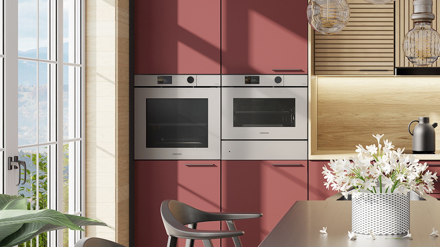 Shows the built-in oven seamlessly installed in a kitchen next to a Microwave Combo oven. Its BESPOKE ""Clean Beige"" color elegantly complements and enhances the kitchen's color scheme.