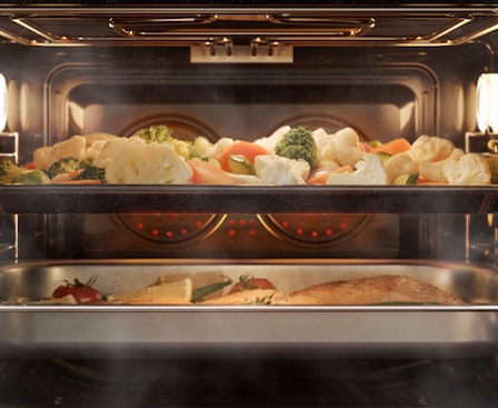 Shows a tray of vegetables in the upper zone and a fish dish in the lower zone being convection cooked but with added steam.
