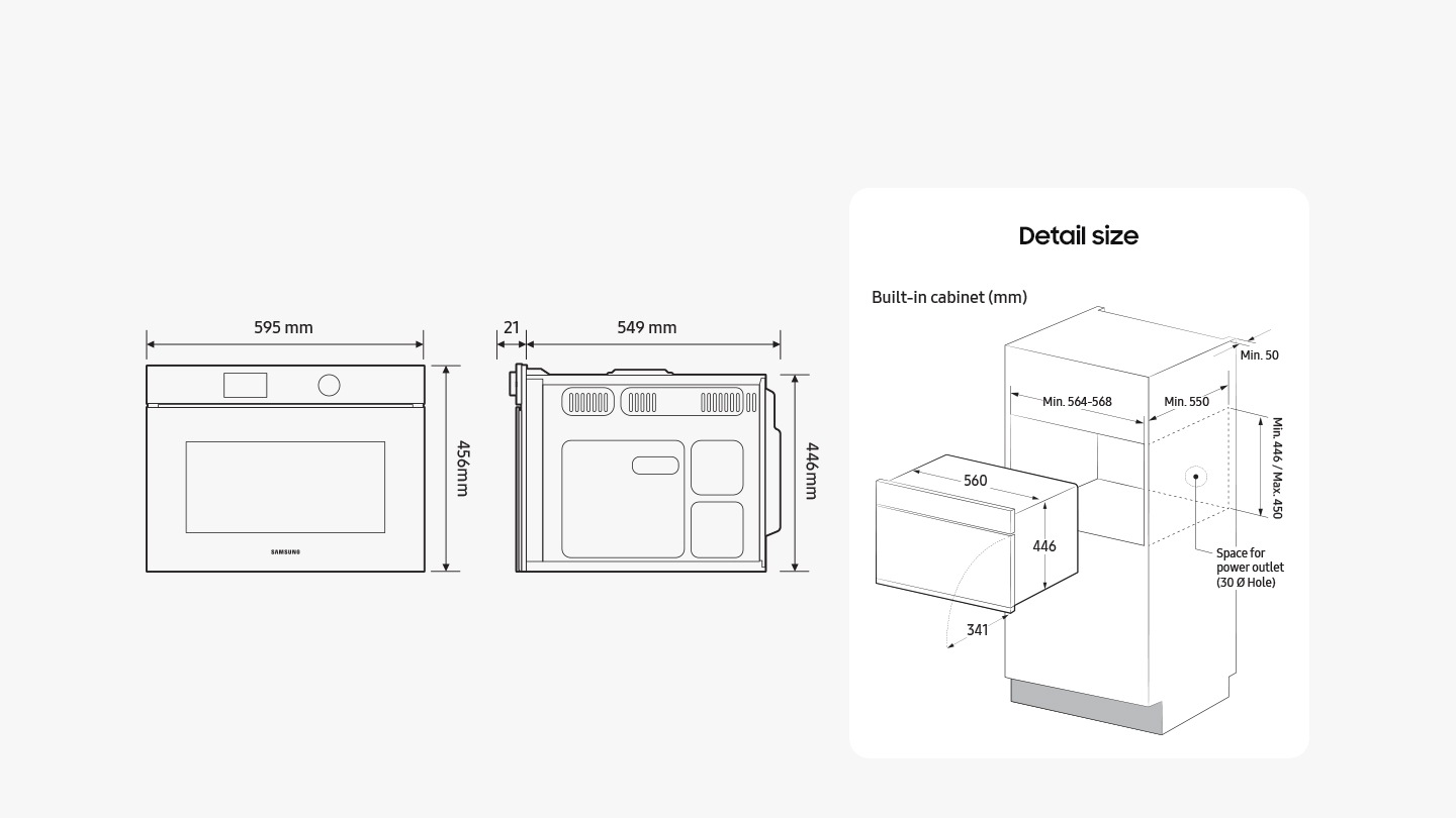 Diagrams highlight the dimensions of the oven: height (front) = 456mm, height (back) = 446mm, width = 595mm (incl. front) / 560mm (excl. front), depth = 549mm + 21mm for the door (excl. handle). Another diagram shows the minimum size of the built-in cabinet space that the oven can be installed in: height = min. 446mm / max. 450mm, width = min. 564-568mm, depth = min. 550mm + a space of min. 50mm behind the oven. It also shows that the doors extends out 341mm when fully open. The text says that there must be space for a power outlet (30 Ø Hole) on the rear wall of the built-in cabinet space.