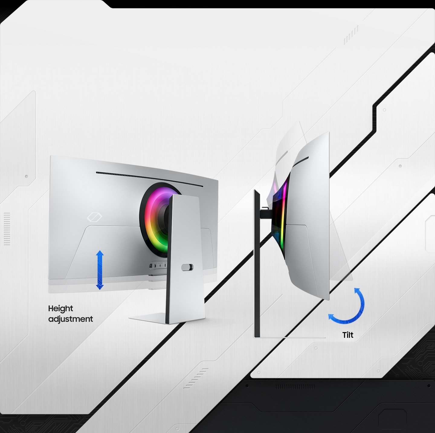 Two Odyssey monitors with the rainbow circle around the connection point in the back. The monitor on the left is shown from behind and the one on the right is shown from the side. The monitor on the left has text beneath it that reads, “Height adjustment”, showing upward and downward movement of the monitor. The monitor on the right has text beneath it that reads, “Tilt” to show the monitor can be tilted upward or downward.
