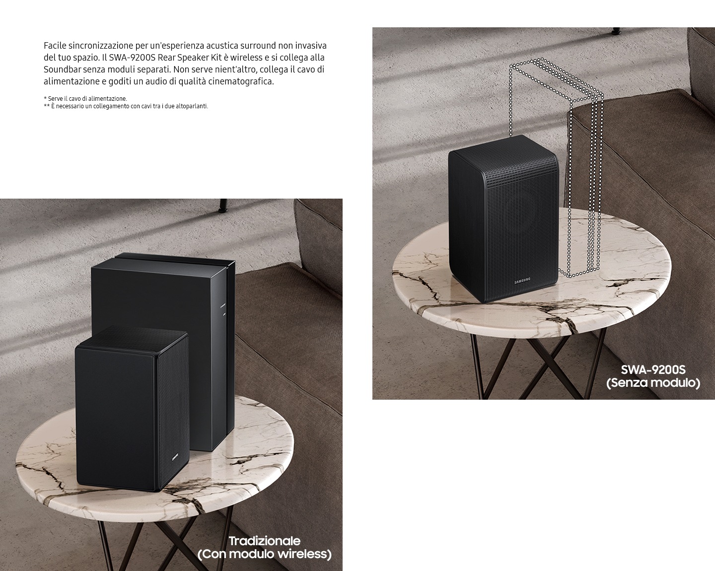La parola "conventional" è visibile nell'immagine laterale a sinistra con uno speaker wireless accanto a un modulo separato. L'immagine di destra mostra la scritta “SWA-9200S” e uno speaker wireless senza modulo aggiuntivo. 