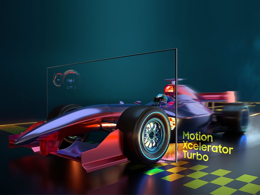 A race car is moving through a TV screen to show motion clarity via the Motion Xcelerator Turbo.