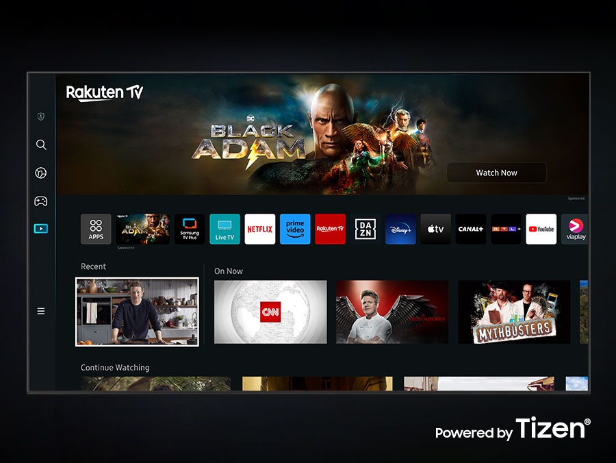 The new Smart Hub UI powered by Tizen is displayed to show a wide variety of OTT services and content being serviced. 