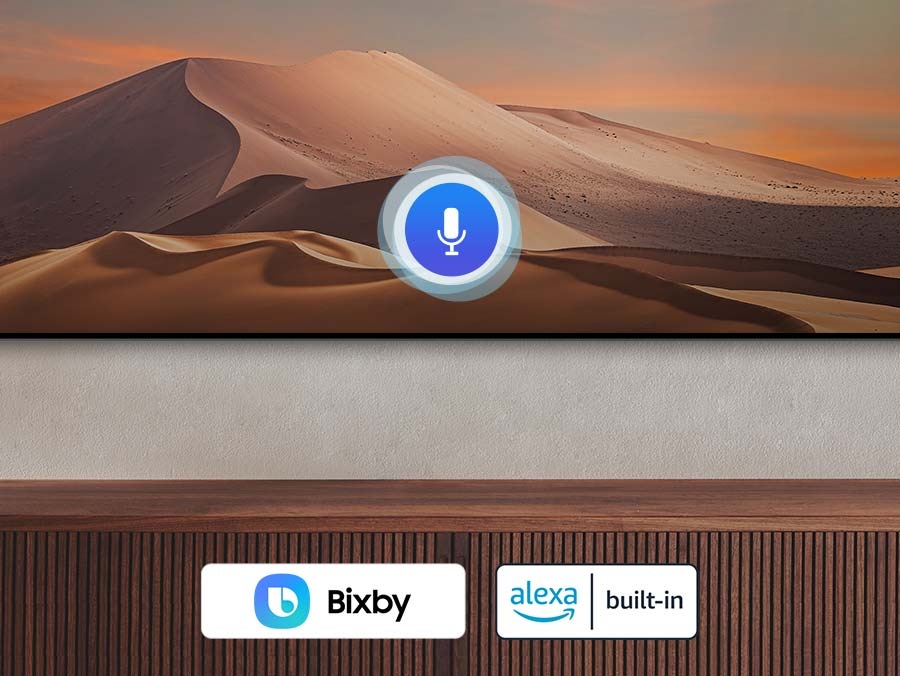 A microphone graphic is on the center of the screen with 2 voice assistants Bixby, Alexa built-in on the lower side of the screen.