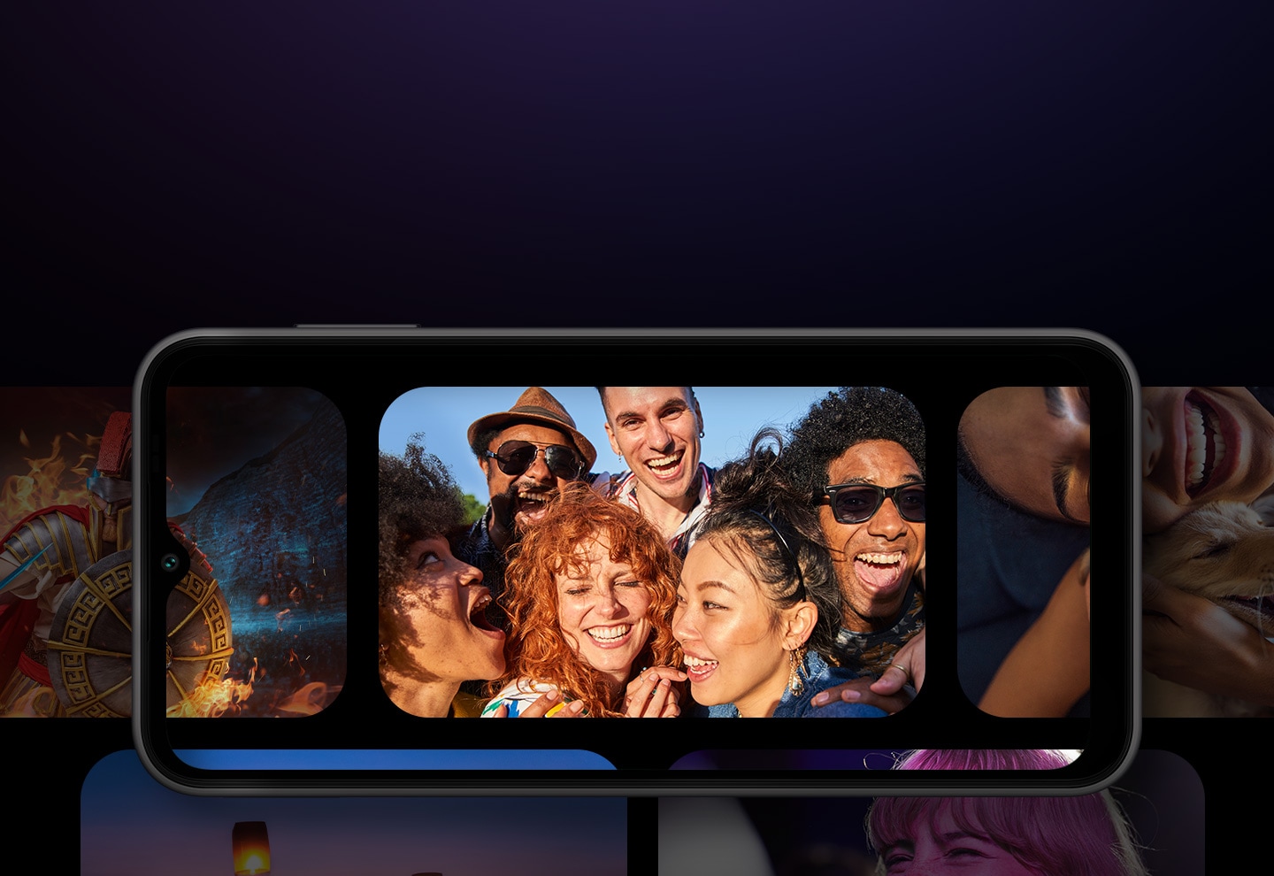 Vista frontale di un Galaxy A14 mentre sullo sfondo e in sovrapposizione allo schermo del dispositivo sono visualizzate schermate di giochi e foto personali.